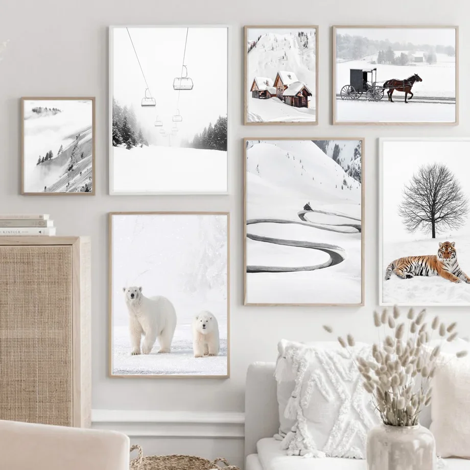 

Cable Car Bear Tiger Horse Road Winter Forest Wall Art Canvas Painting Posters And Prints Wall Pictures For Living Room Decor