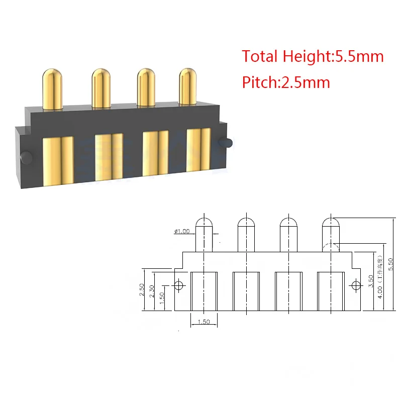 5Pcs 2.5mm Pitch 4P SMT DIP Pogo Pin Connector Pogopin Battery Spring Loaded Contact   Test Probe Power Charge Header Pins Grid