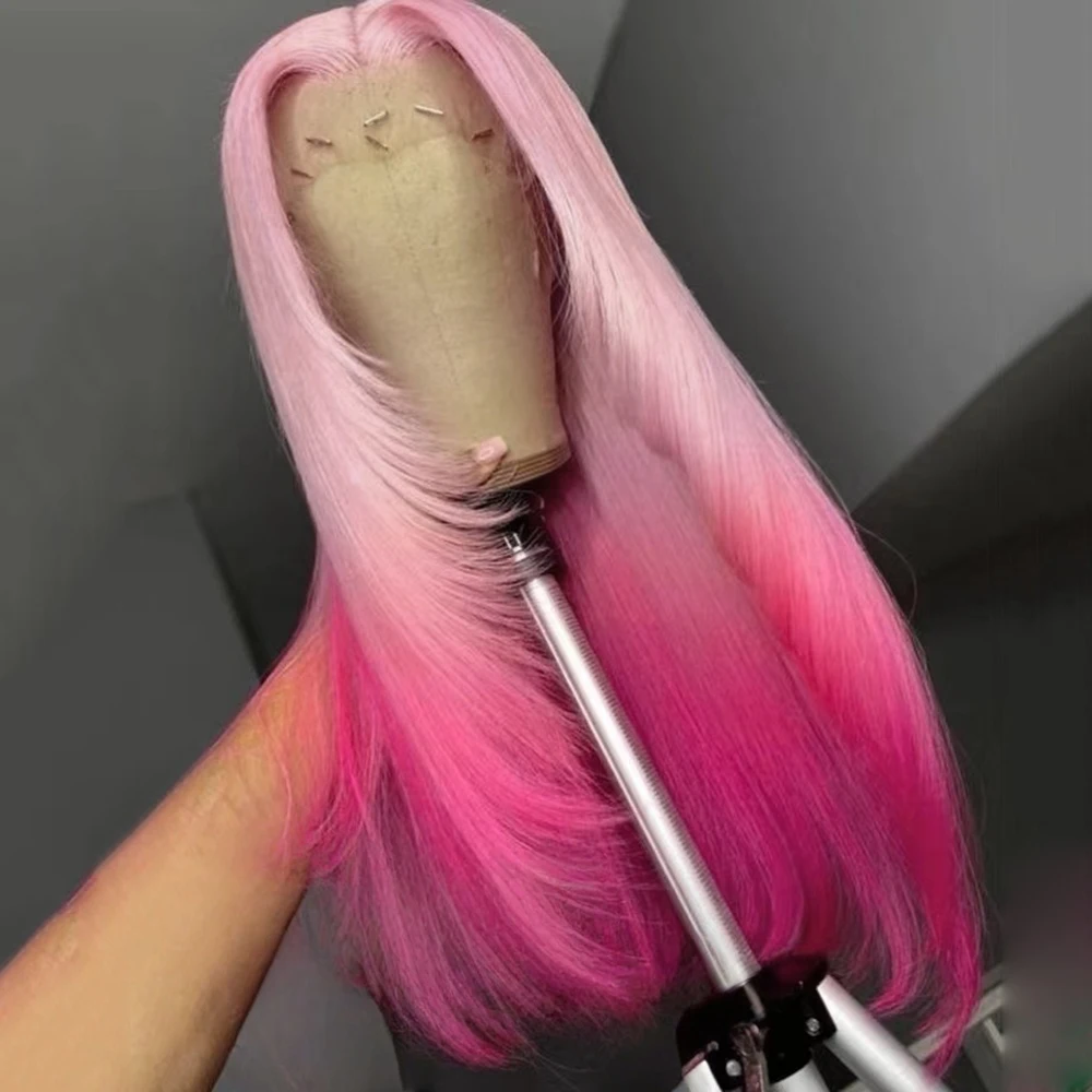 

13x4 Ombre Розовый Парик Многослойная Стрижка Шелковистый Прямой Синтетический Парик Фронта Шнурка для Женщин Термостойкие Синтетические Волосы Ежедневное Использование