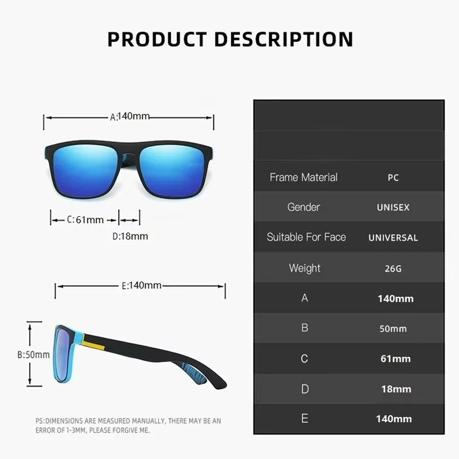 Modische Quadratische Sonnenbrille für Männer und Frauen, zum Fahren, Angeln, Wandern, Farbenfrohe Trendige Leichtgewichtige Outdoor-Brille – Detail 14