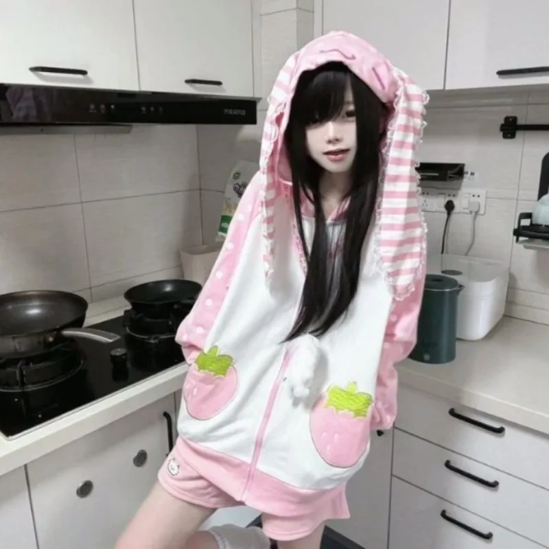 اليابانية Kawaii هوديي سستة طويلة الأكمام ثقافة فرعية المرأة معطف غير رسمي نقطة مع مخطط الحلو نمط الخريف 2025 الملابس النسائية