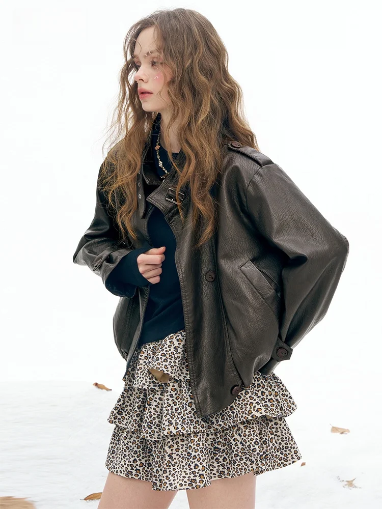 

Cé Brown Stand Collar Loose Women's Leather Jaet Cool Winter Outerwear Casual Sle Stand Fit Zipper Closure Long Sve