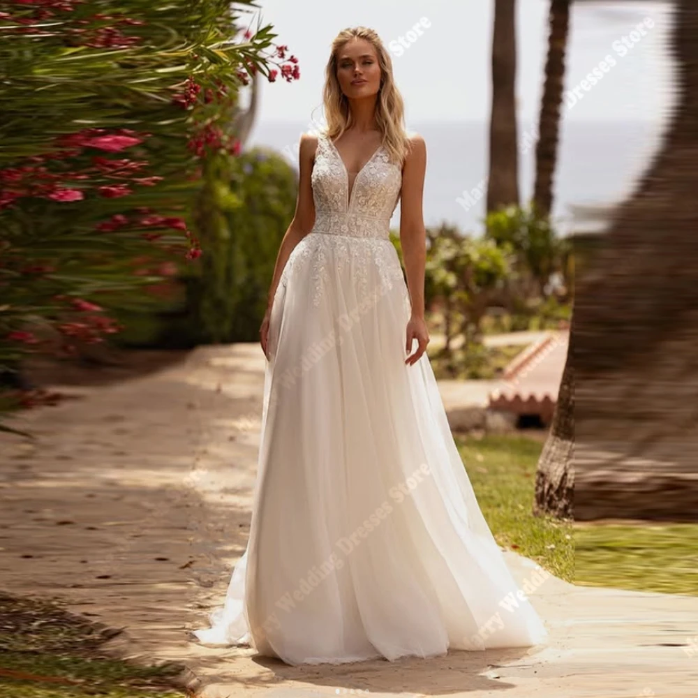 

Sexy V-Neck A-Line Women Wedding Dresses Elegant Sleeveless Tulle Bride Gowns Princess Banquet Vestidos De Novia 2025 Customized