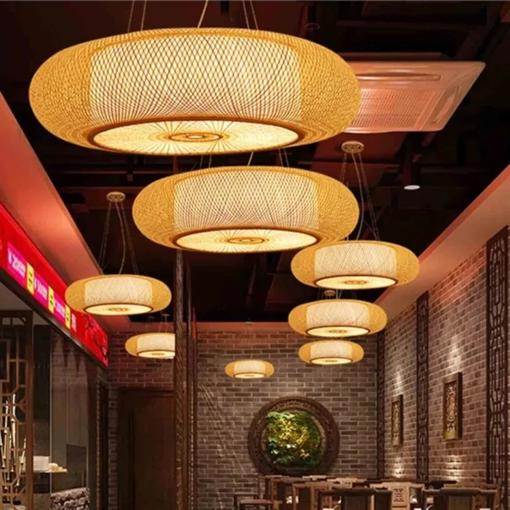 Joyinled vintage retro natural pingente de luz criativa decoração bambu lustres redondos para sala chá ilha sala estar dia.50cm