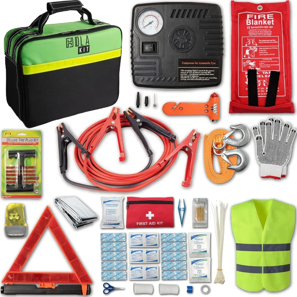 

All-Inclusive 78-Piece Vehicle Emergency Kit: Jumper Cables, Portable Air Compressor, and Tow Strap for Roadside Assistance