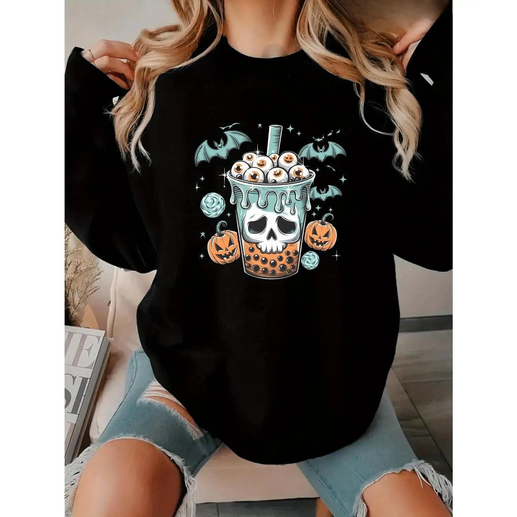 

Halloween Boba Tea Crewneck Sweatshirt, Spooky Skull Eyes Pullover, Unisex Halloween Party Outfit, Witchy Costume Top