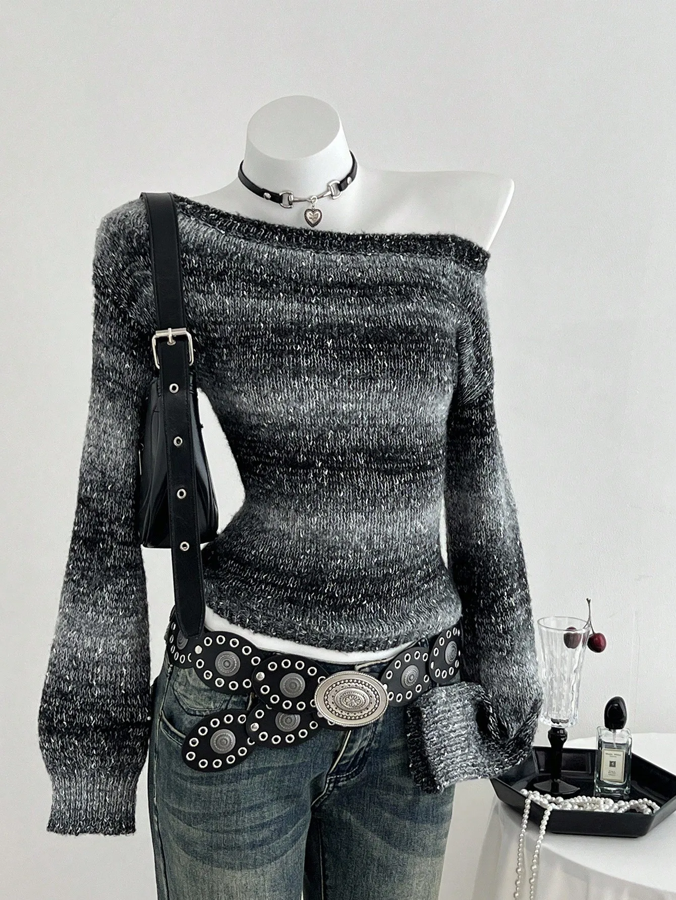 

Женский свитер в стиле панк-стрит с асимметричным вырезом, облегающий, с узором «космический окрас», осенний повседневный вязаный топ