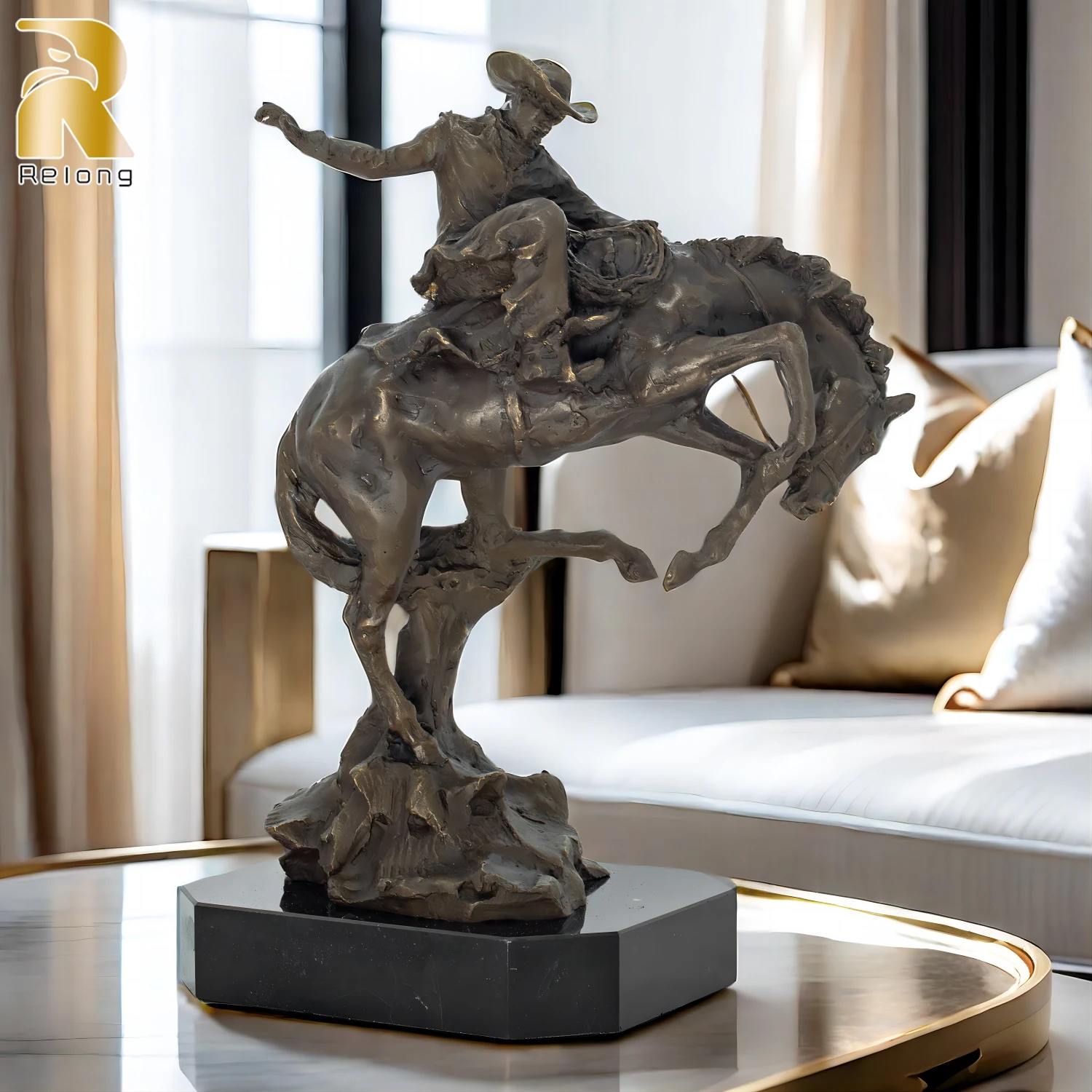 37cm Bronze Cowboy Riding Horse Sculpture Casting Western Art Rodeo Rider on Horse Bronze Statue For Home Decor Luxury Gifts