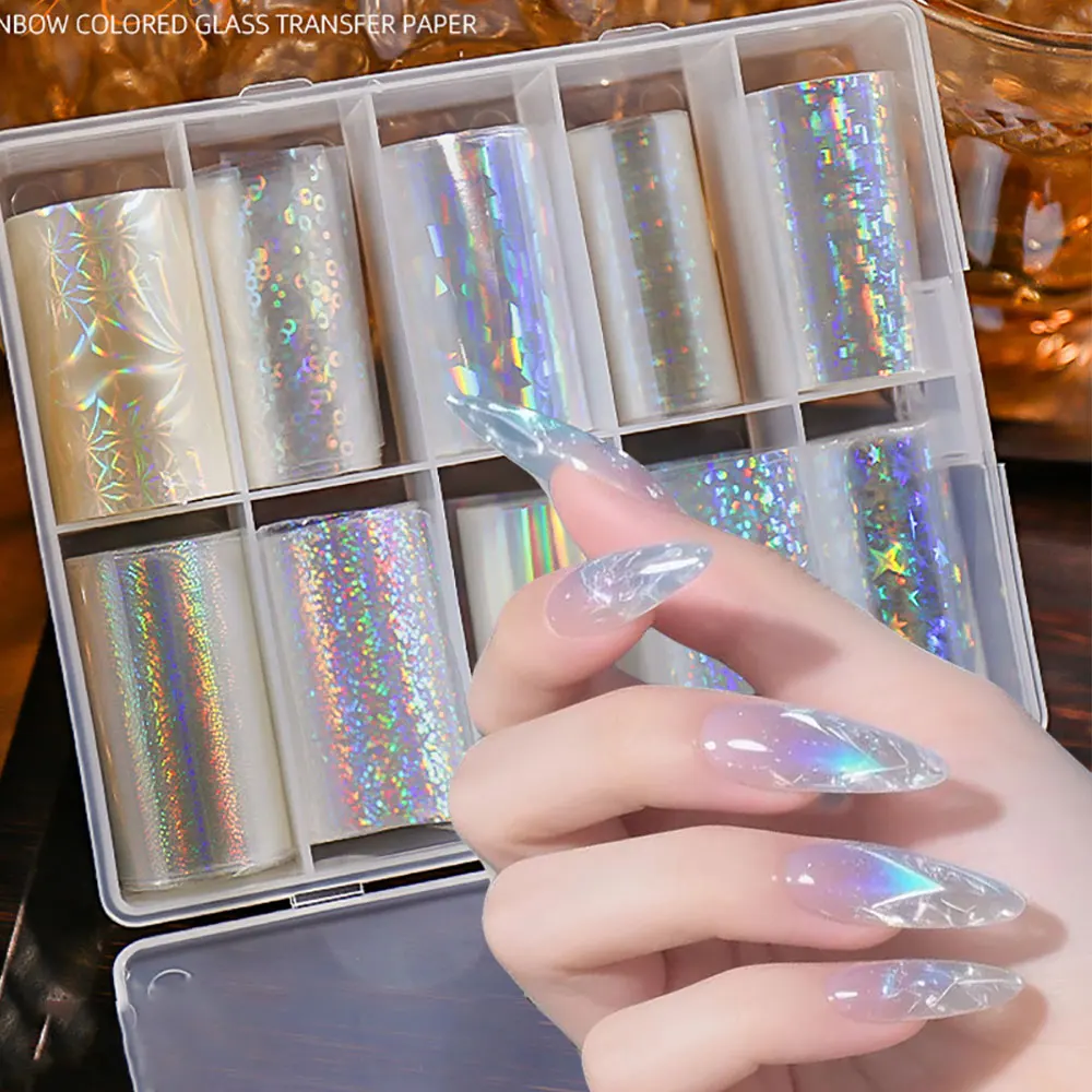 10 Rollen Retro Bunte Spitzenfolien-Transfer-Nagelaufkleber Braun Blau Rot Hohle Spitzen-Nagelsticker Sternenhimmel-Folien Nagelaufkleber D4