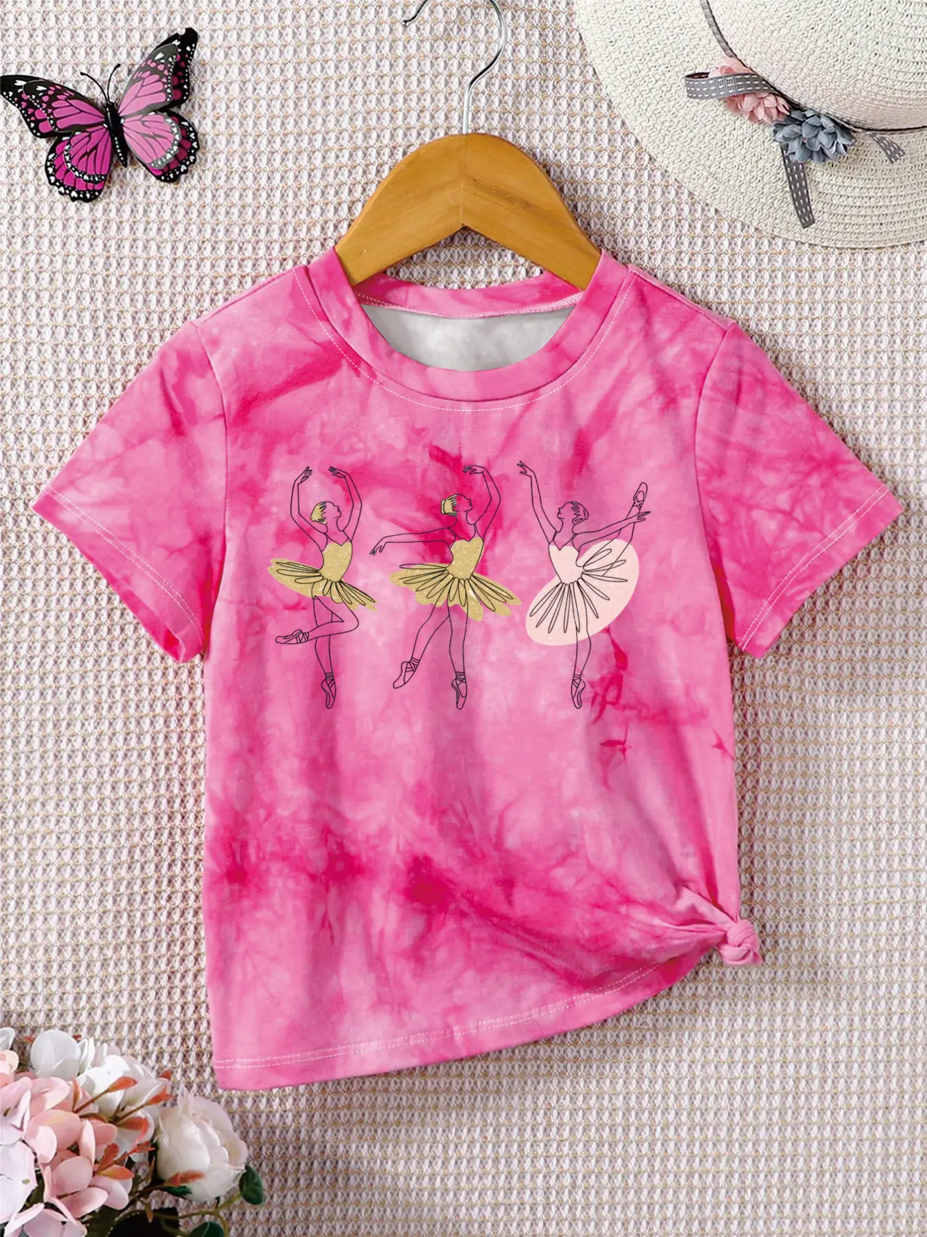Kids Girls Pink Tie-Dye T-Shirt, Ballerina Dancer Print Short Sleeve Tee for Casual & Dance Class