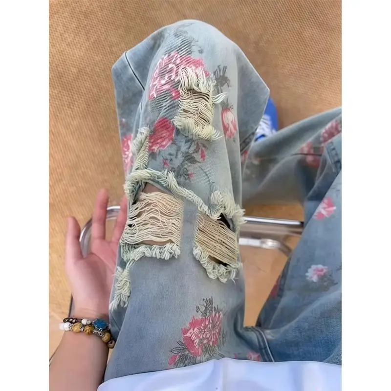 Rose Printed Hole Jeans for Women Summer American Vintage Trendy High Street Micro Flare Straight Leg Pants Unisex Y2k Pants
