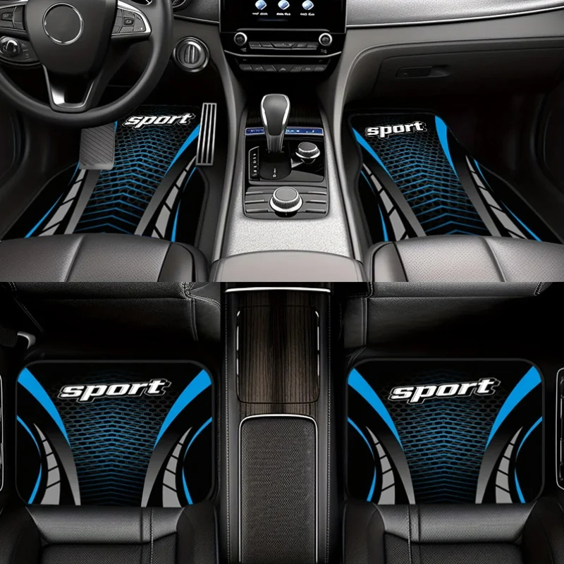4pcs Polyester Fiber Blue Black Competitive Style Sport Letter Print Fashion Easy Car Floor Mats, Wear-Resistant and Stable