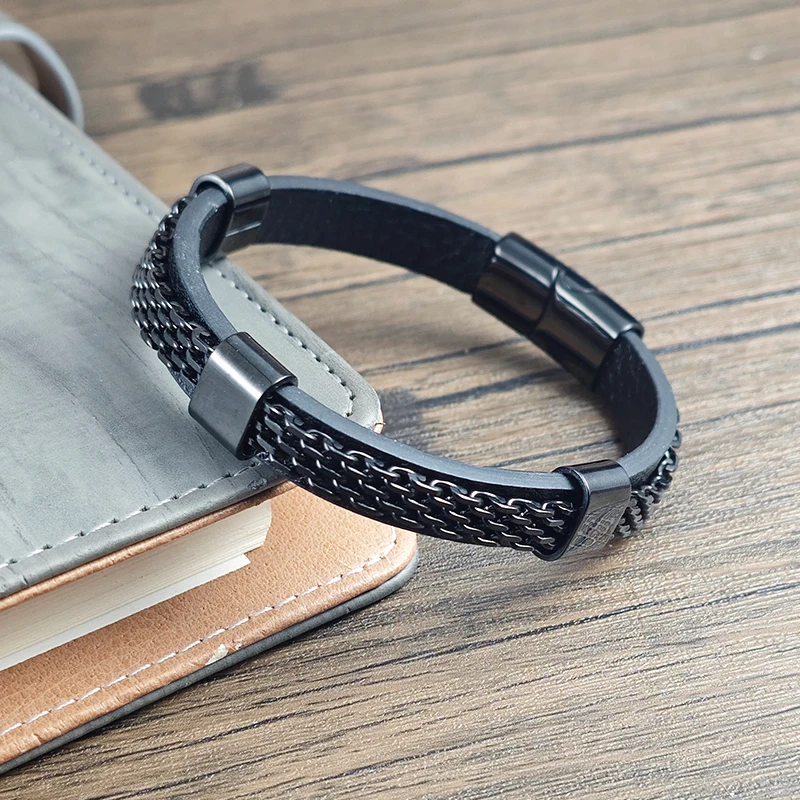 Luxury Black Cuban Chain Bracelet for Men Magnetic Buckle Stainless Steel Rope Weaving Jewelry Daily Wear Accessory
