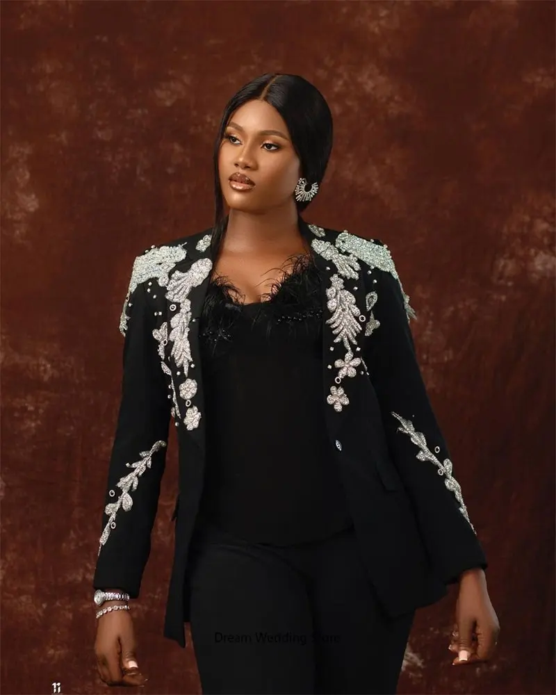 Luxury Black Women Suits Set Appliqued Beads 2 Pcs V Neck Blazer+Pants Custom Made Fashion Prom Party Evening Dress