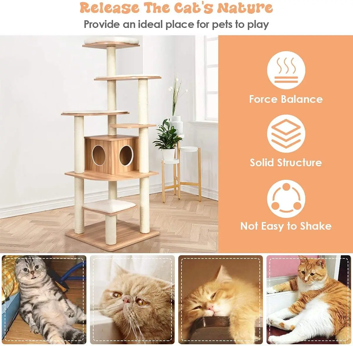 Tangkula Tall Cat Tree, 69-Inch Modern Cat Tower with Sisal Rope Scratching Posts, Wood Cat Tree with Multi-Layer Platform