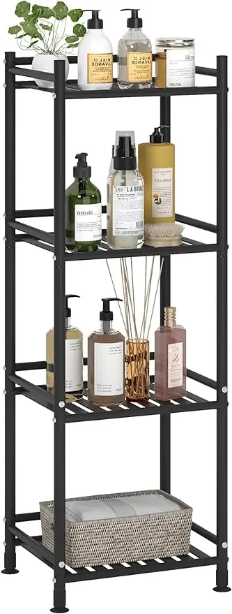 4 Tier Bathroom Storage Open Shelf Unit Free-Standing Metal Corner Rack Shelving for Kitchen Living Room Hallway (Matte Black)