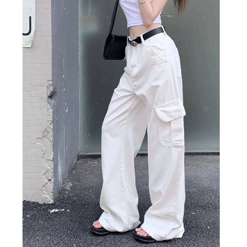 Hip Pop Pink White Cargo Pants High Waist straight Wide Leg Jeans Y2k Korean Fashion Streetwear Trousers Women Clothes Trendy