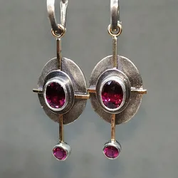 Vintage Antique Silver Color Metal Inlaid Oval Zircon Dangle Earrings for Women Fashion Asymmetrical Clip Earrings Jewelry Gifts