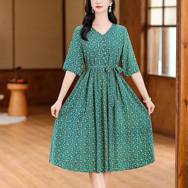Vintage Printed Half Sleeve Dresses Casual V-Neck Women's Clothing Fashion Drawstring 2024 Summer Loose A-Line Waist Midi Dress