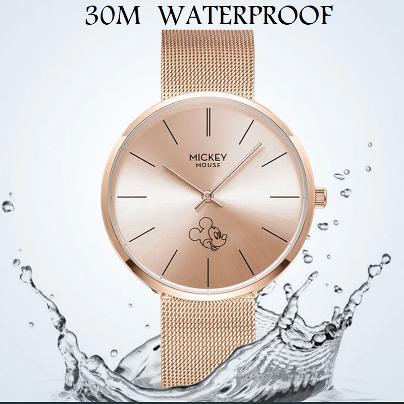 Disney Mickey Mouse Woman Quartz Wristwatch Young Lady Fashion Steel Classic Dress Watch Crystal New Girl Lover Couple Wristband
