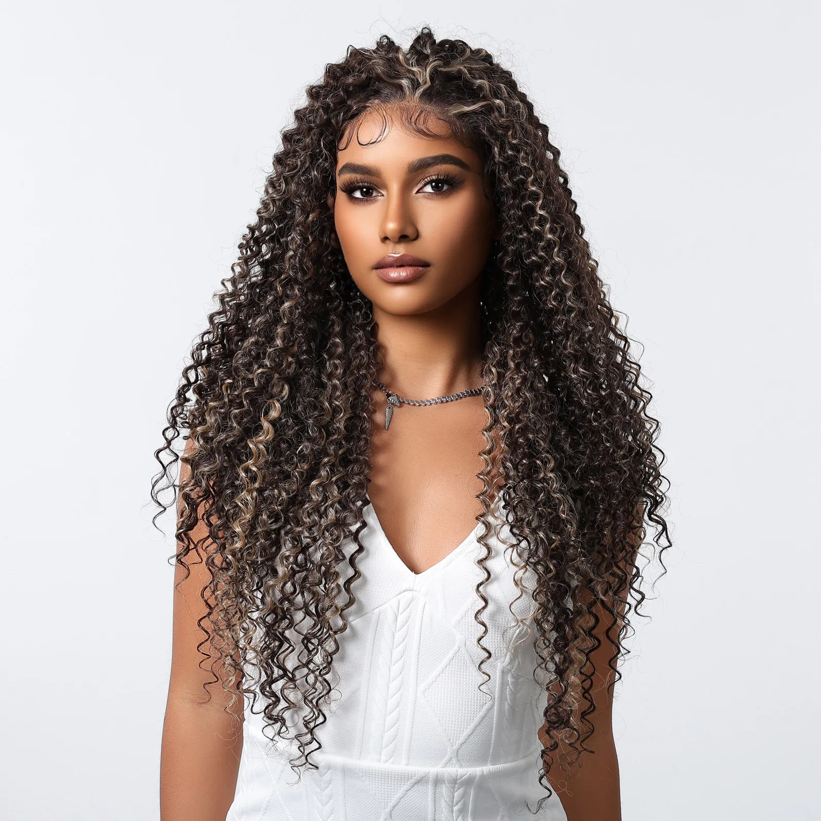 Kinky Curly Wave Lace Front Synthetic Wigs for Balck Women Brown Mixed Blonde Lace Hair Wig Heat Resistant for Daily Cosplay