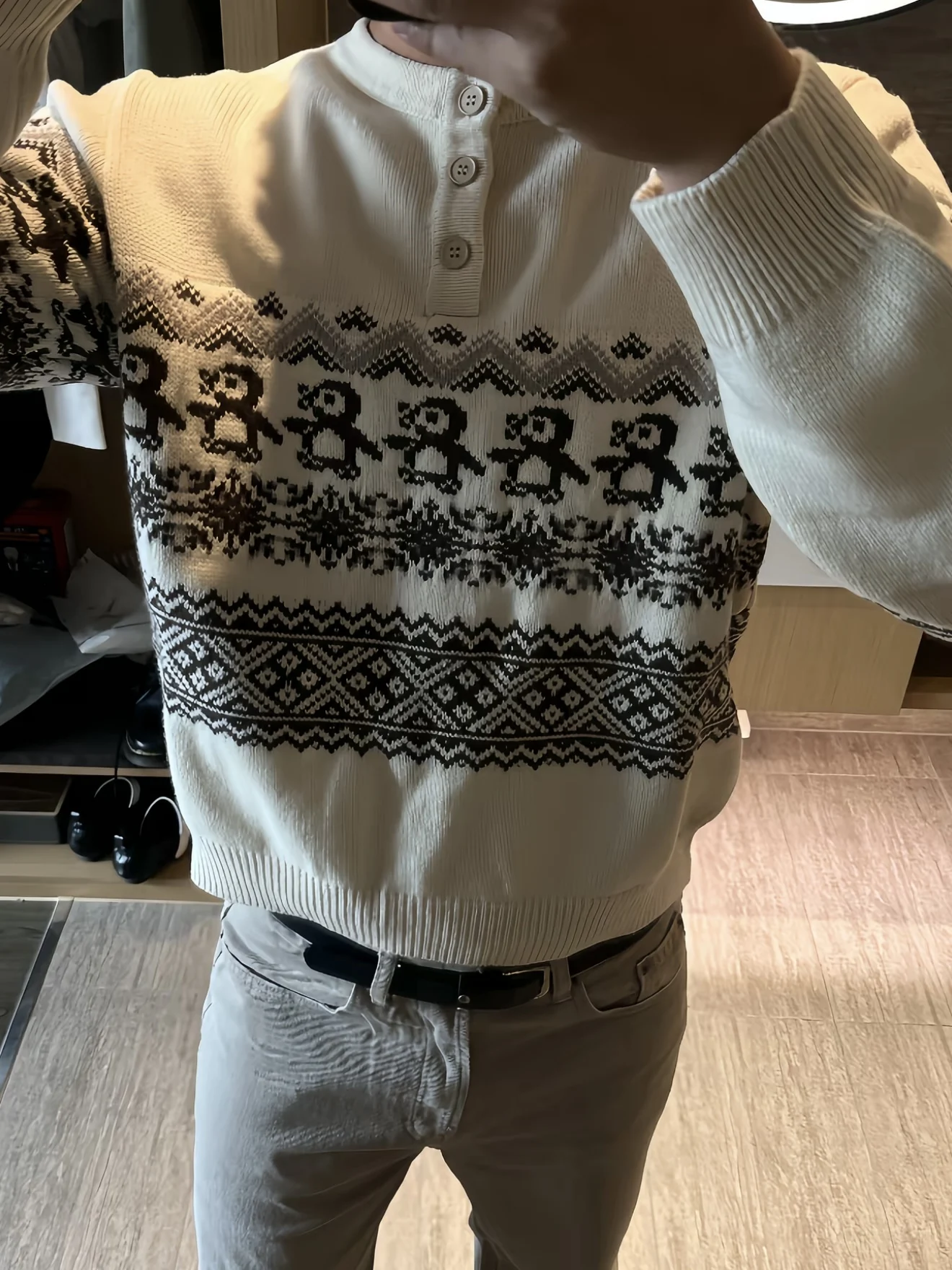 Cisas Penguin Retro Fair Isle محبوك سترة مستديرة للخريف والشتاء متعددة الاستخدامات غير رسمية طويلة Sve نمط هندسي دافئ