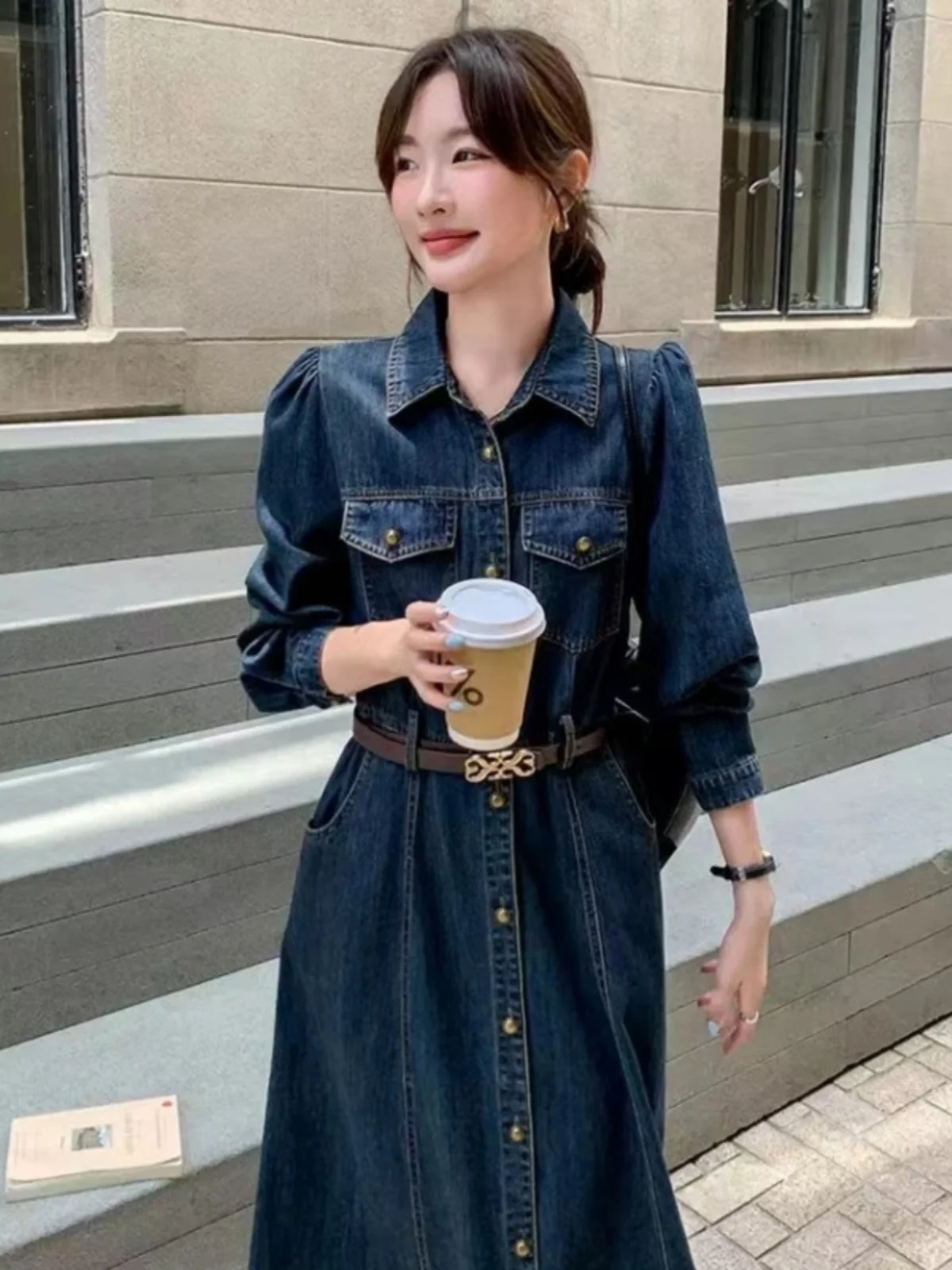 Wczesnojesienny dżins vintage Dr. Damski, wiosna-jesień 2025, nowa, ekskluzywna, elegancka, wyszczuplająca, długa spódnica Dr.