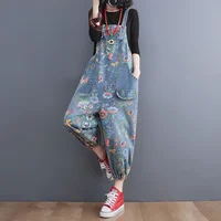 Fashion Streetwear Print Floral Denim Jumpsuit Women Dungarees Straps Baggy Rompers Cargo Pants Loose Wide Leg Jeans Overalls