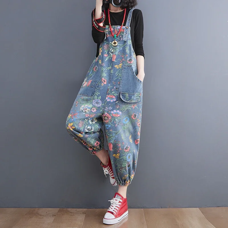 Fashion Streetwear Print Floral Denim Jumpsuit Women Dungarees Straps Baggy Rompers Cargo Pants Loose Wide Leg Jeans Overalls