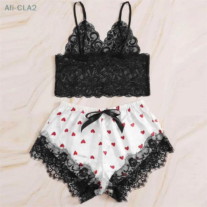 Two Pieces Women V-Neck Sexy Lace Patchwork Suspender Satin Pajamas Shorts Set