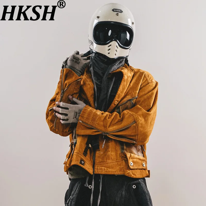 HKSH Spring Autumn New Men Tide Chic Ins Dark Punk Waste Land Deconstructed Jacket Canvas Zipper Motorcycle Short Coats HK28569