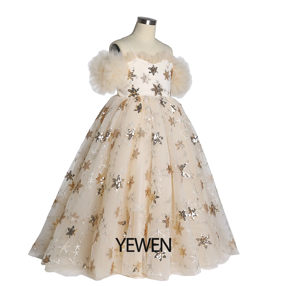 Sparkle Star Tulle Flower Girls Dresses for Wedding Party Princess Children Photo Shoots Gown Celebrity Dresses YEWEN