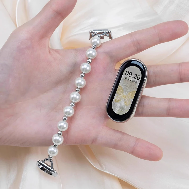 Women Faux Pearl Chain Strap for Xiaomi Band 10 9 8 Handmade Beads Bracelet for Samsung Galaxy Watch 8 7 6 20mm Replacement Band