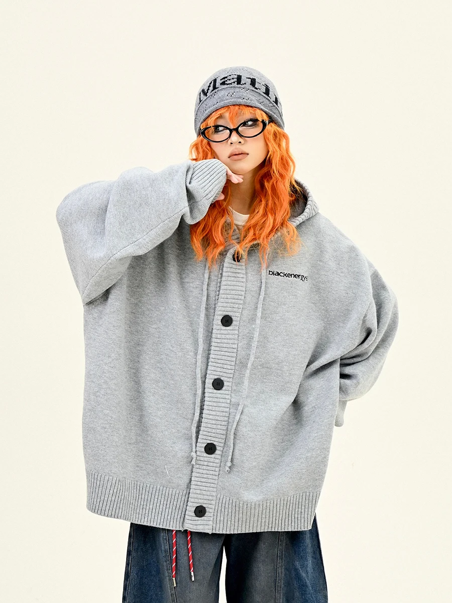 

Lazy College Sle Women's Open Cardigan Sweater Hooded Knitted Jaet Loose Fit American Streetwear Winter New Arrival