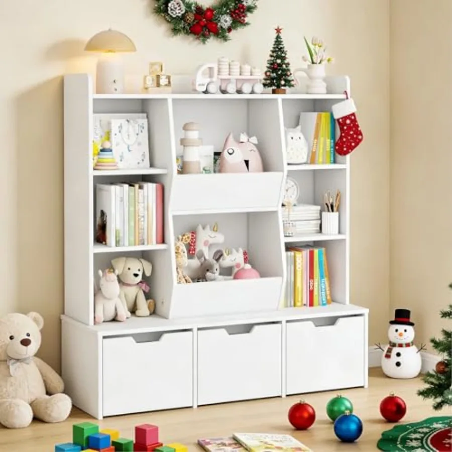 

Органайзер для игрушек 47: большой книжный шкаф с 3 выдвижными ящиками, 8 отсеками для хранения, многофункциональная книжная полка для игровой комнаты и гостиной