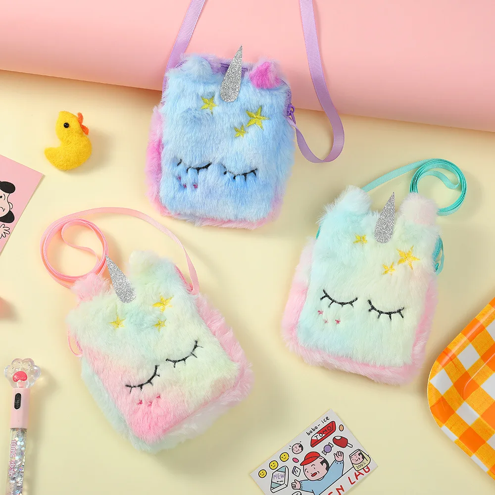 Children Plush Cartoon Cute Unicorn Coin Purse Cute Ins Daily With Small Square Bag Crossbody Bag Children Birthday Gifts