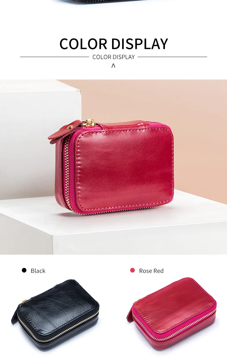 Lady Genuine Leather Lipstick Square Small Bag with Mirror Cowhide Cute Makeup Bag for Women's Jewelry Box Mini Coin Storage Bag