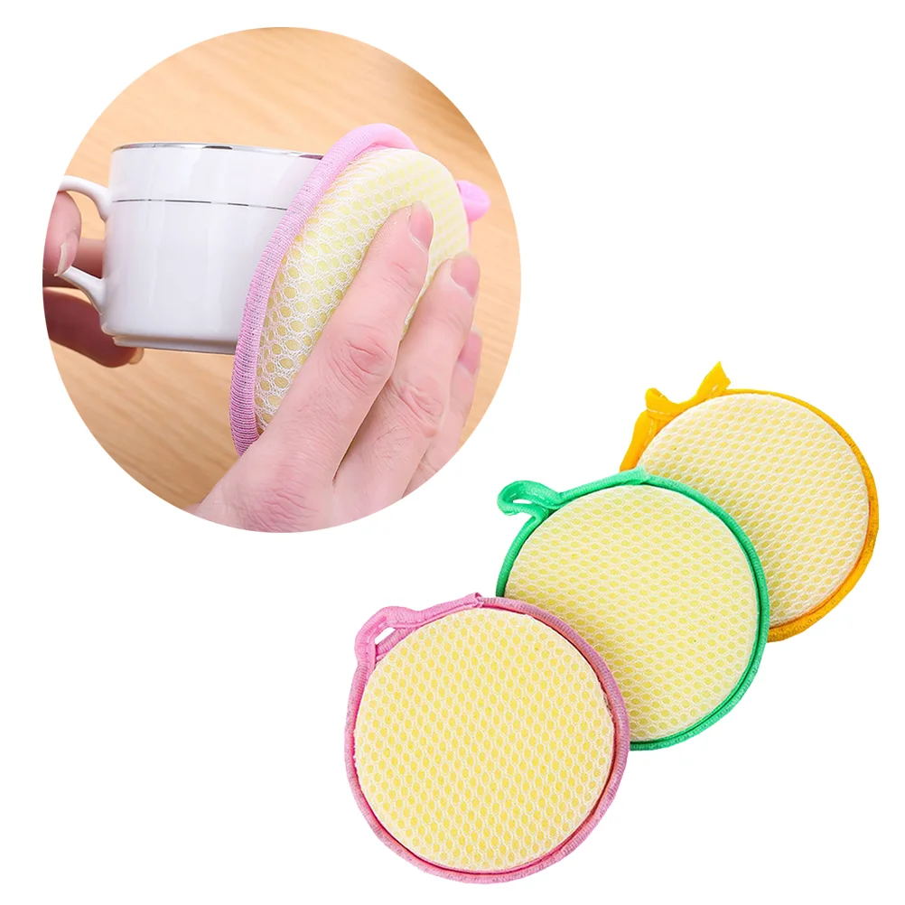 5pcs Double-side Round Sponge Scouring Pad Home Household Kitchen Dishwashing Sponge Cleaning Pad Sponge Cloth (Random Color)