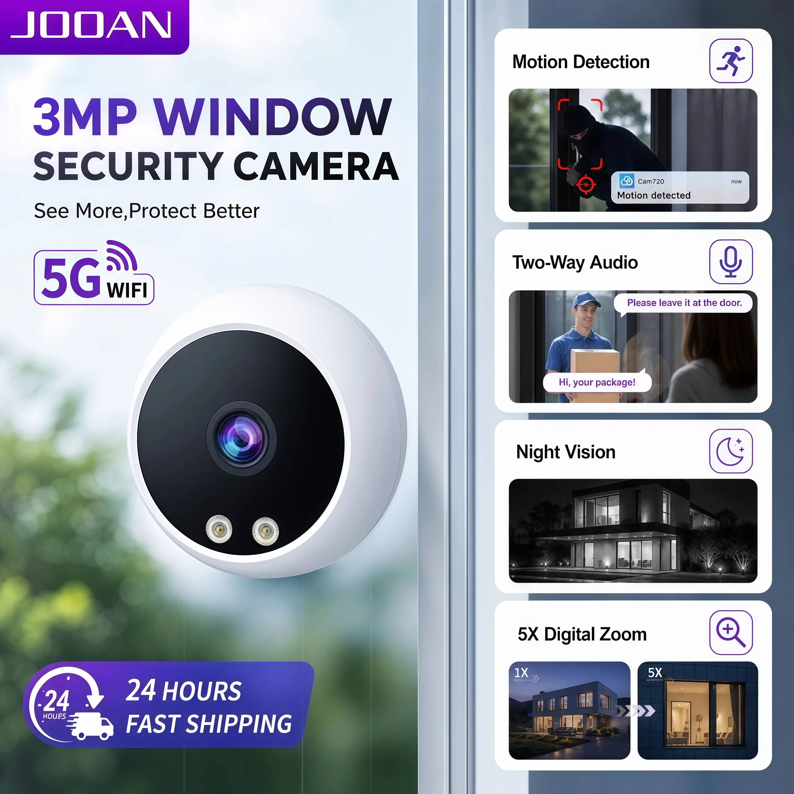 JOOAN 3MP Window Camera 2.4/5GHz WiFi Indoor Camera Motion Detection Two-Way Audio Security Mini Camera