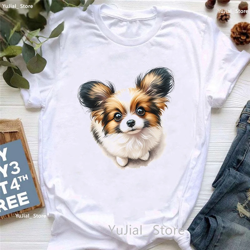 

Papillon Dog Animal Printed T Shirt Girls Harajuku Kawaii Clothes Summer Fashion Tops Tee Shirt Femme