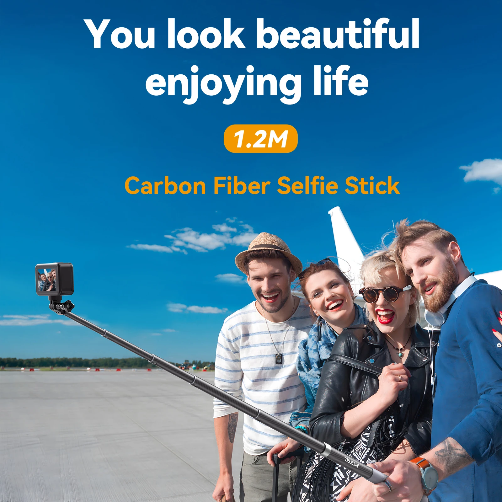 TELESIN 1.2m Carbon Fiber Selfie Stick Monopod Extendable + 1/4 Screw For GoPro 13 12 11 10 Insta360 X5 AcePro DJI Action 6 5pro