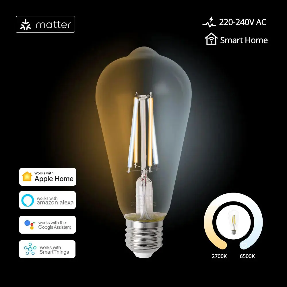 Matter WiFi LED Filament Bulb E27 Dimmable Tungsten Lamp ST64 SmartThings Homekit Alexa Google Home 220V Zemismart 7W Light