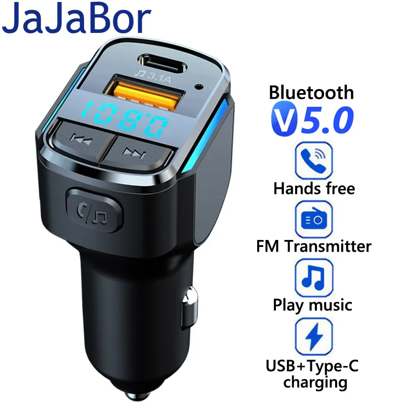 

JaJaBor FM Transmitter Blue Light Wireless Bluetooth 5.0 Handsfree Audio Receiver USB Type C Fast Charge U Disk Car MP3 Player