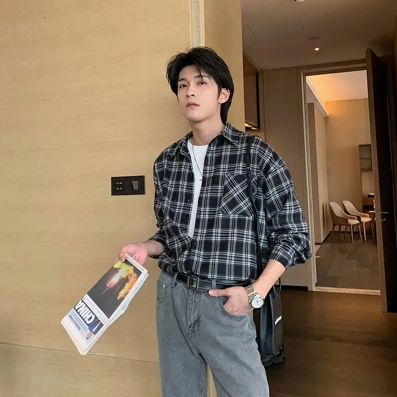 

2024 Men Plaid Long Sleeve Flannel Shirt Button Up Clothing Loose Cotton Casual Males Soft Evening Formal Tops Blouse P53