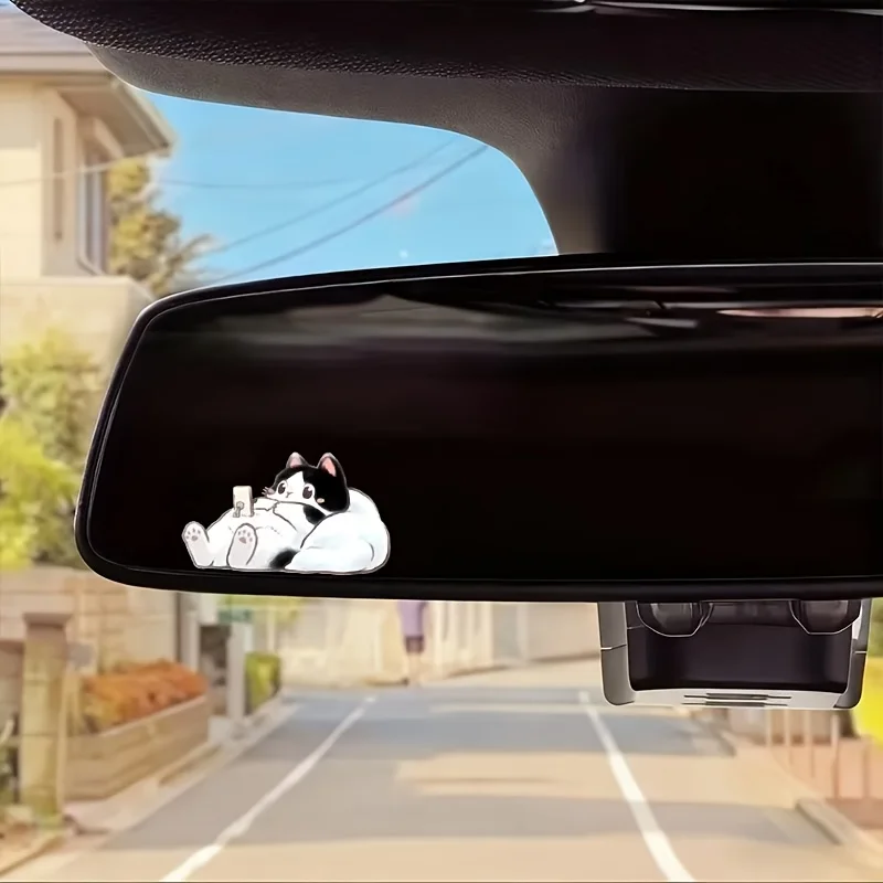 2D Flat Lazy Cat With Phone Vinyl Sticker, Waterproof Decal for Car Rearview Mirror Laptop Decor, Holiday Gift