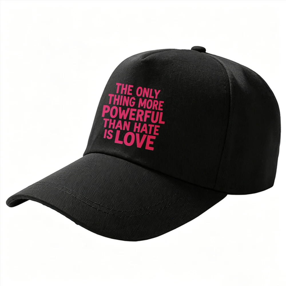 0The Only Thing More Powerful Than Hate Is Love Quote Baseball Cap, Pink Text Black Adjustable Trucker Dad Hat Casual Streetwear