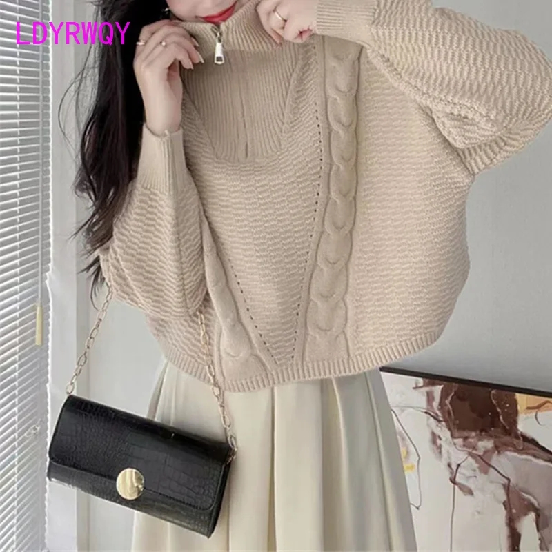 version autumn and winter vintage half zipper stand collar sweater loose thin solid color short Fried Dough Twists sweater