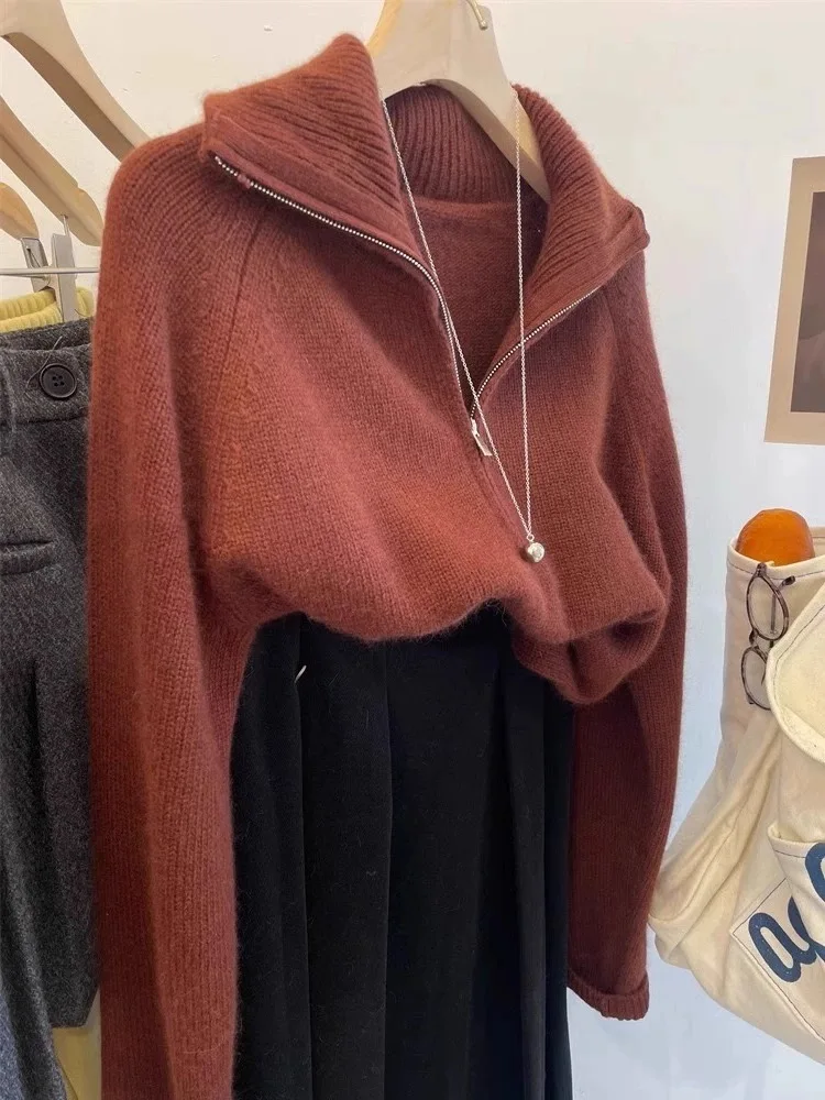 

Свитер с высоким воротником и полузастежкой-молнией из 100% чистого кашемира, свободного кроя, утолщенный, премиум-класса, больших размеров, для осени и зимы.