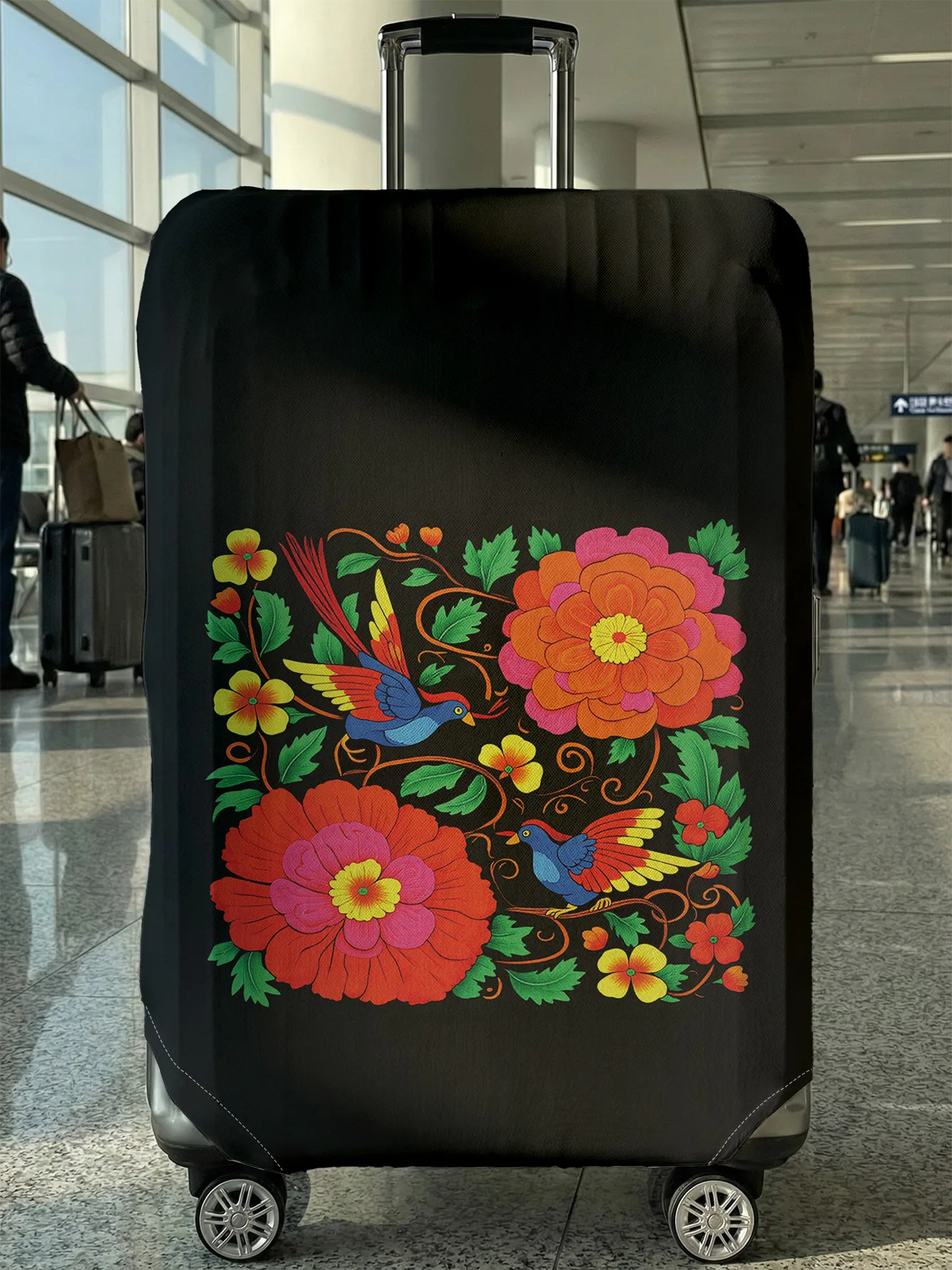 

Black Base Ethnic Style Bird Flower Luggage Cover, Suitable for 18-32 Inch Luggage Cover, Luggage Handle Glove, Travel Accessori