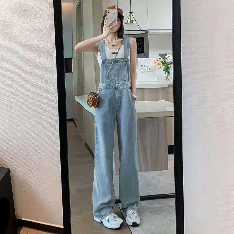 

Light Wa High Waist Wide Leg Denim Overalls Women's Summer Small Size Loose Slim Straight Floor Length Pants